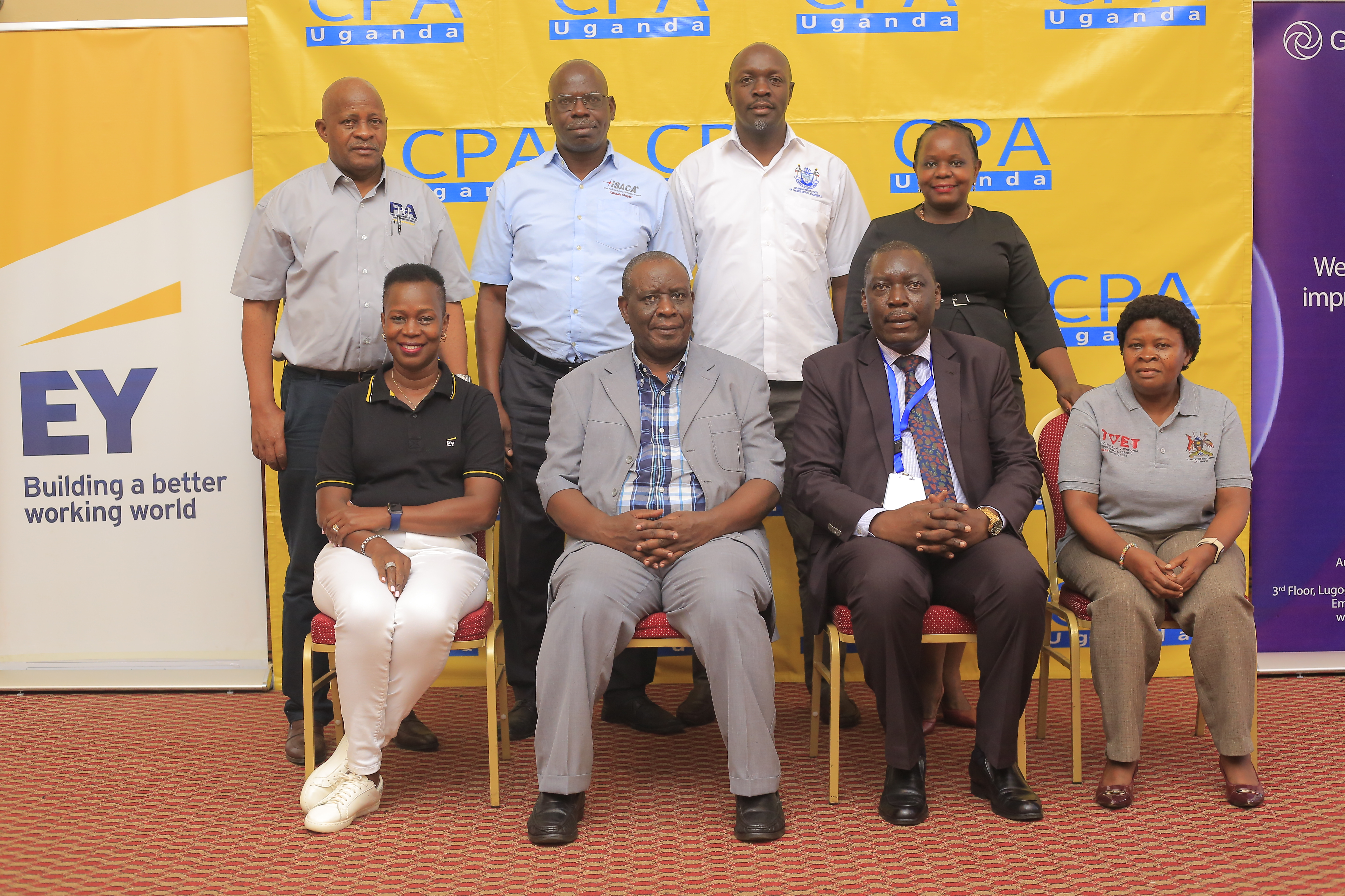 Some of ICPAU’s Council members and Events Management Committee with the afternoon session speaker  Mr Ndebesa Mwambutsya at the 12th Economic Forum. Standing (L-R) are CPA David Sserebe,CPA Albert Otete, Eng Steven Serunjogi, CPA Joselyne Nakasi. Seated (L-R) CPA Sandra Nakibuule Batte, Mr Ndebesa Mwambutsya, CPA Michael Wanyama & Ms Elizabeth Kateme.
