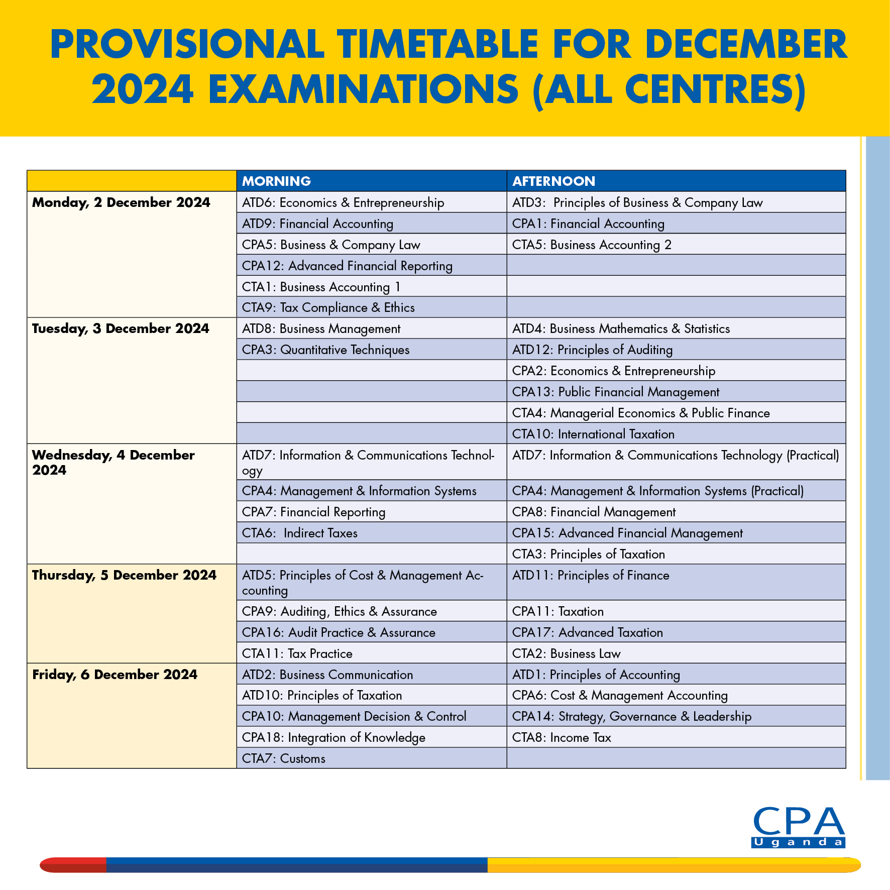 December 2024 provisional timetable